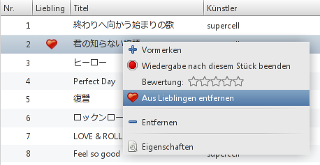 Exaile-Wiedergabeliste mit Plugin-Integration als Spalte und im Kontextmenü