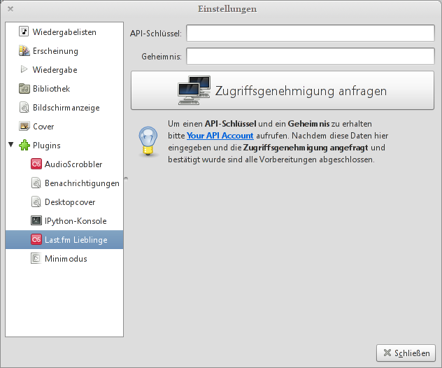 Dialog mit Einstellungen des Plugins Last.fm Lieblinge